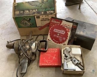 Craftsman Circular Saw and Drills
One Craftsman 7" 1.75 HP circular saw in box. The cord is taped in one area. It comes with extra blades. One Craftsman Heavy Duty drill. One Craftsman Drill Bit Grinding attachment in box and looks new. One P E T Tools Super Duty 1/4" drill in metal box with accessories. One small drill bit box with bits. All are in working order.