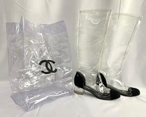 Chanel 2018 Waterfall Cap-Toe PVC/Grosgrain Tall Boots & Bag- Clear- Made in Italy
