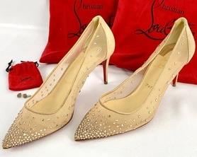 Christian Louboutin Crystal Embellished Gold Mesh & Leather "Follies Strass" Heels- Size 39 - New- Made in Italy
