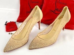 Christian Louboutin Crystal Embellished Gold Mesh & Leather "Follies Strass" Heels- Size 39 - New- Made in Italy
