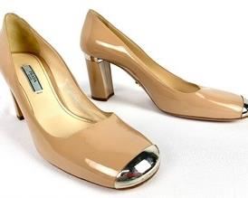 Prada Nude Patent Leather Square Toe / Square Heel w/ Metal Detail Pumps- Size 39.5