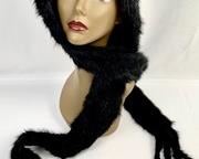 Dramatic Black Knit Real Fur Scarf w/ Hood and Fur Tassels
