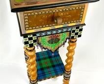 RETIRED MacKenzie-Childs"Teeny" Table w/ Hand-Beaded Glass Fringe, Glass Door Knob Feet, Painterly Table Top