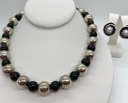 Monika Fairchild Sterling/Pearl Earrings and Sterling and Black Beaded 17" Necklace