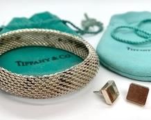 Tiffany & Co. Sterling Silver Somerset Mesh Bracelet and Sterling Square Stud Earrings with Tiffany Pouches