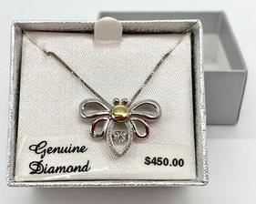 New 10K & Sterling Silver Diamond Bee Pendant Necklace