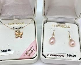Child's 14K Gold Butterfly Necklace and 14K Gold Cultured Pink Pearl Earrings