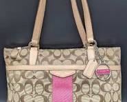 Coach "Signature Stripe" Canvas Shoulder Bag with Berry Pink Band

