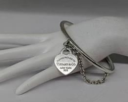 Tiffany & Co. Sterling Heart Tag Bangle with Chain - Sterling Silver "Return to..." Charm, with Box and Pouch
