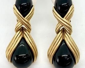 Vintage Oscar de la Renta Runway Gold Tone Articulated Drop Earrings with Black Cabochon