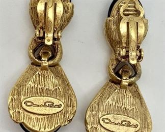 Vintage Oscar de la Renta Runway Gold Tone Articulated Drop Earrings with Black Cabochon