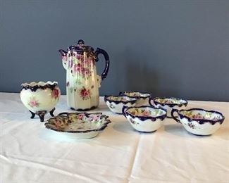 Antique Cobalt Floral Coffee Set, Ruffle Top Vase, and Candy Dish