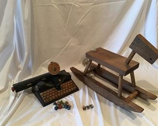 Antique Toy Typewriter, Rocking Horse, and Assorted Dices