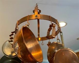 Copper Hanging Rack and Pans