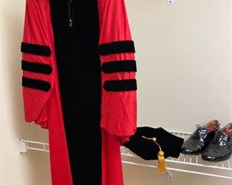 Doctoral Gown, Hood, Tudor Bonnet, and Shoes
