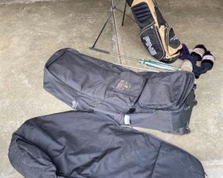 Ping Golf Bag with Two Travel Bags and a Variety of Clubs