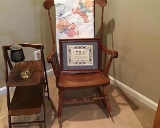 Vintage Rocking Chair, Collapsable Table, Lamp, and Quilt