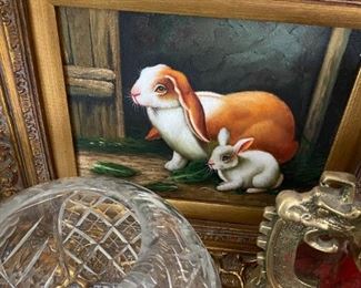  RABBIT  ON CANVIS  AND CAKE PLATE ON PEDISTAL