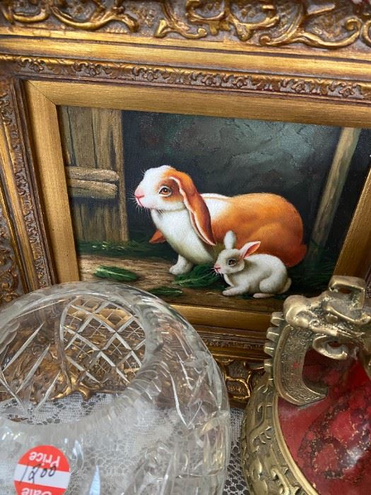 RABBIT ON CANVIS AND CAKE PLATE ON PEDISTAL