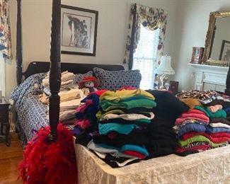  LOTSV AND LOTS  CLOTHES   PANTS  SWEATERS  BATHING SUITS , LOTS VERY NICE  SCARFS POSTER BED