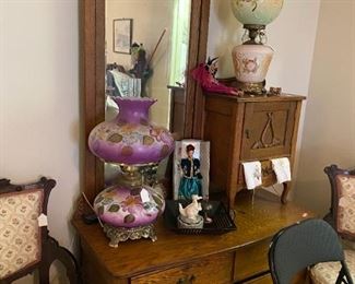  ANTIQUE DRESSER WITH HAT BOX AND MORE LAMPS