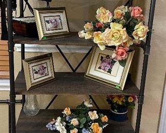 Pipe Style Shelving, Hand Crafted Framed Flower Decor', Silk Flower Bunch, Ceramic Dove