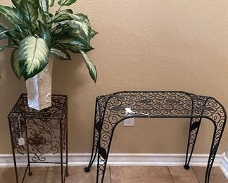 Patio Style Wrought Iron Rectangular Table, Flower Stand, Paper Mache Vase, Silk Greenery