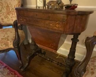 Antique inlaid sewing/work table w/hidden writing surface. $500