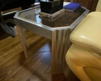 Leon Rosen for Pace? Aluminum w/smoke glass top side table  $200