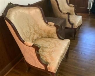 Pair French Ormalou Bronze Mounts Bergere Chairs $1,200