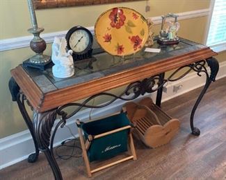 Metal wood slate and glass sofa table 