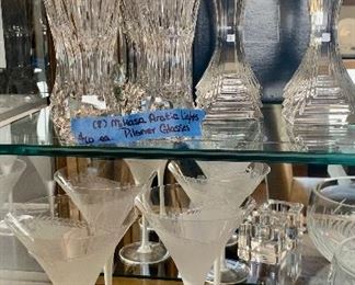 Bottom left: set of 4 frosted martinis glasses $10
Bottom right: 2 Orrefors block candle holders $10
Top right: 2 Mikasa City Lights candlesticks $50
Top left: Mikasa Pilsners - pending