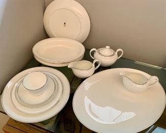 5 pc place Setting $25ea (Dinner, Salad, B&B, Cup&Saucer) of Wedgwood Doric Bone China Platinum white w/ Silver Trim 
Large oval platter$35
2 oval Serving Bowls $20ea
Creamer / gravy servers & sugar $20ea