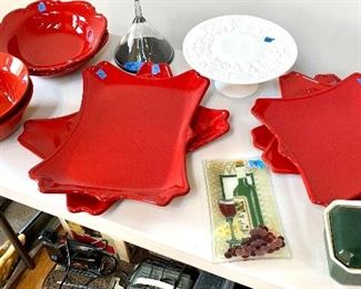 Emile Henri - France 
green covered dish $35
Red Serving pieces $3-10ea
White cake plate - sold