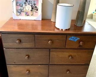 9 Drawer vintage wood chest
35 x 14.5 x 33h $39
White can light $5
Memory frame box $8
Tall ceramic tan vases 2 for $15