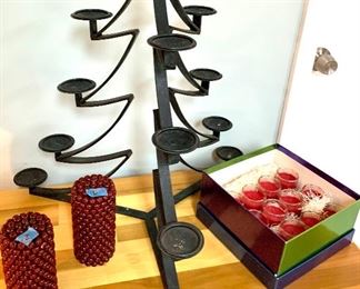 Approx 25” h Wrought Iron Candle Tree $45. Includes 12 glass votif cinnamon candles