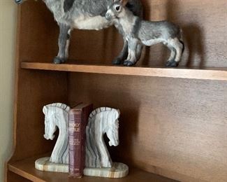 Pair marble horse bookends and hand-crafted donkeys  