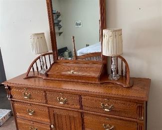 Lexington triple dresser and mirror with storage box attached.  Note the pair of vintage lamps (not included)