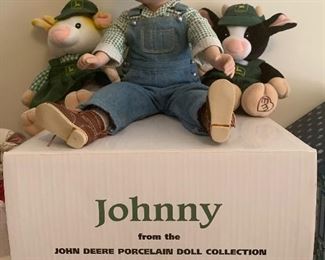 John Deere Porcelain doll and pair of stuffed animals