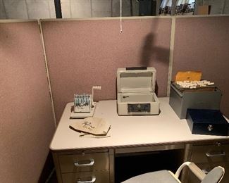 Free standing 3 piece padded wall dividers in perfect condition. Office accessories, including paymaster, fire safe, several file cabinets