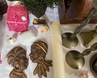 MCM wall sculptures and brass candlesticks 