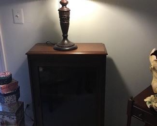 Petite wood display case with glass door $50