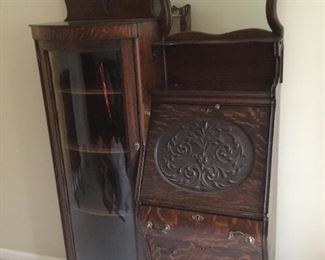 Antique Beautifully carved Dark Oak Side by Side Secretary drop front with key $350