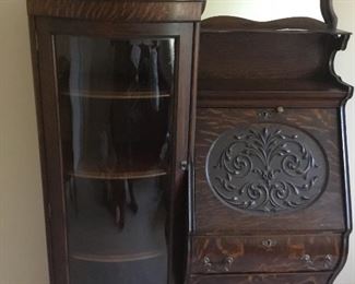Antique Beautifully carved Dark Oak Side by Side Secretary drop front with key $350