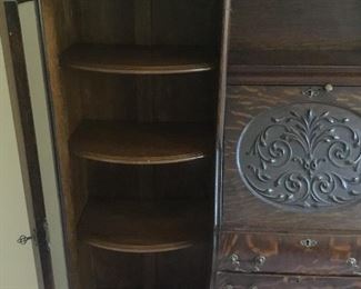 Antique Beautifully carved Dark Oak Side by Side Secretary drop front with key $350