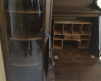 Antique Beautifully carved Dark Oak Side by Side Secretary drop front with key $350