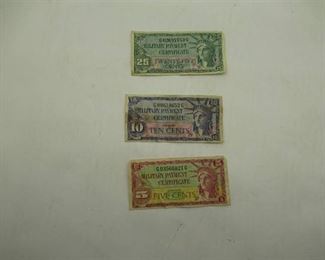 3 Military Payment Certificates  5, 10, and 25 Cent