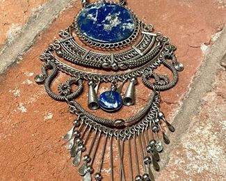 $100; Alpaca silver with lapis statement necklace and matching drop earrings