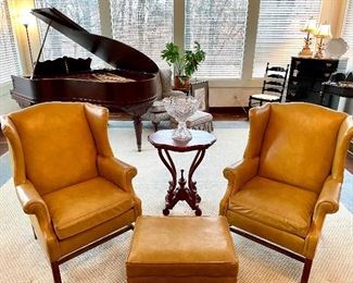 SOLD - $850 for the PAIR of vintage Ethan Allen deep tuscan yellow leather wingback chairs and ottoman; minor wear and a small tear in the back of one of the chairs; 32”w x 28”d x 42”h chairs; 25”w x 19”d x 16”h ottoman