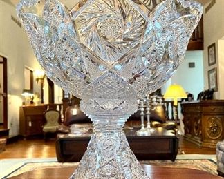 $100; beautiful, cut-glass punch bowl and stand; lots of facets; two pieces; 13”d x 13”h